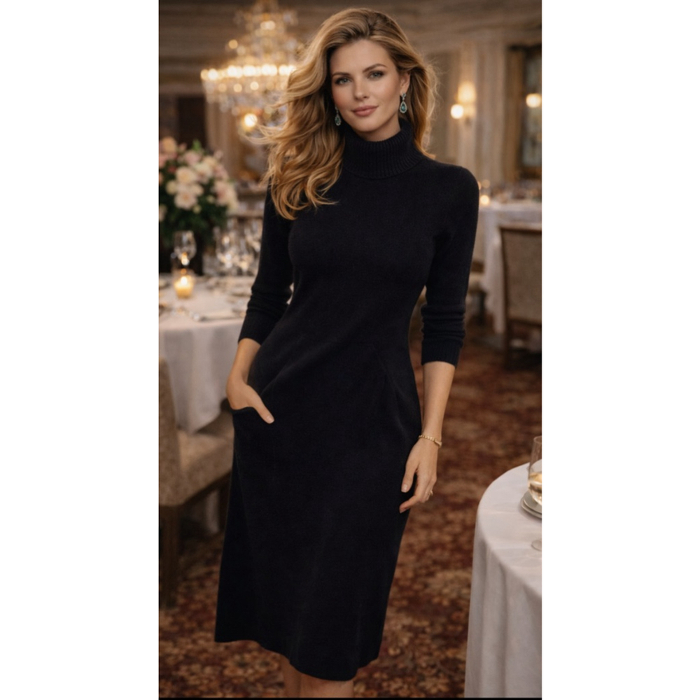 J Crew Black Cashmere Wool Turtleneck Dress Old Money Quiet Luxury Vintage XS